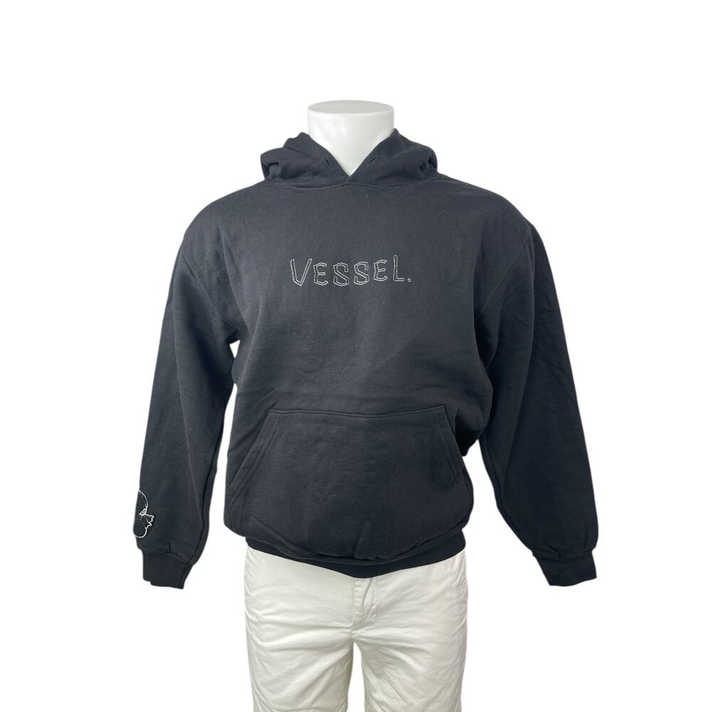 Vessel Unisex Black Embroidered Patchwork Long Sleeve Hoodie Sweatshirt Top Sz M
